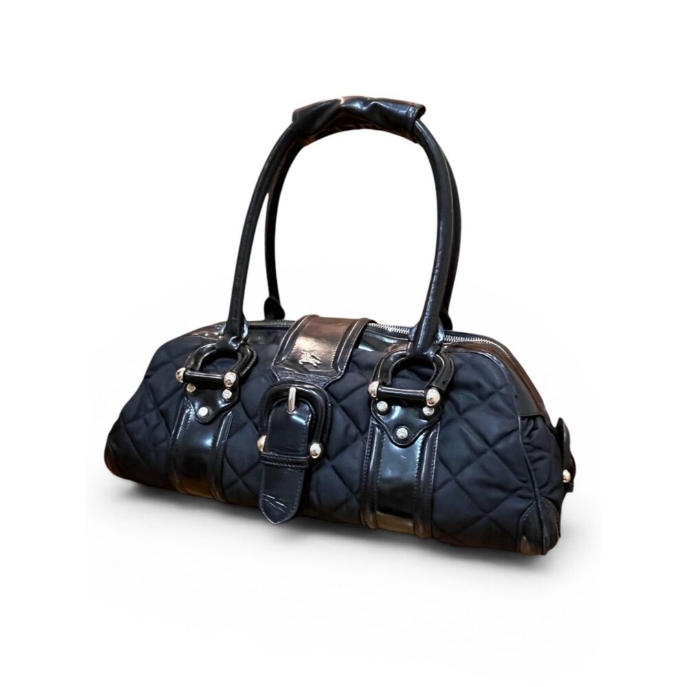 Burberry Black Quilted Bag Shoulder Purse Handbag Manor Nylon Patent Leather